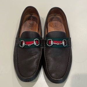 Gucci Driving Loafers Brown with Red and Green ribbon, silver buckle